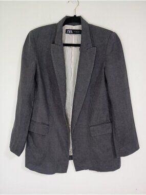 Zara Gray 100% Linen Blazer Jacket Small Womens Single-Breasted Tailored Fit